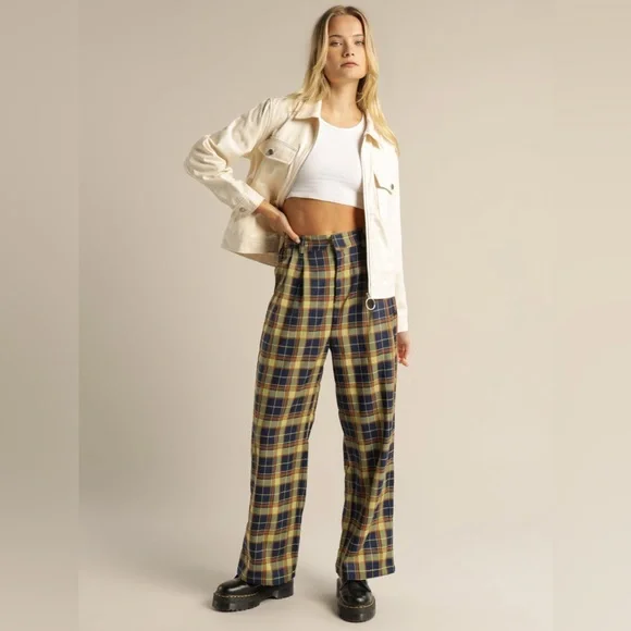 Stussy Plaid Wide-Leg Pants in Yellow and Blue - Picture 1 of 8